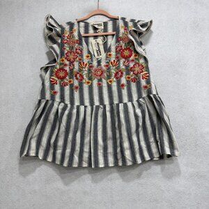 Savanna Jane Shirt Womens 1X Gray White Striped Embroidered Floral Boho Peplum